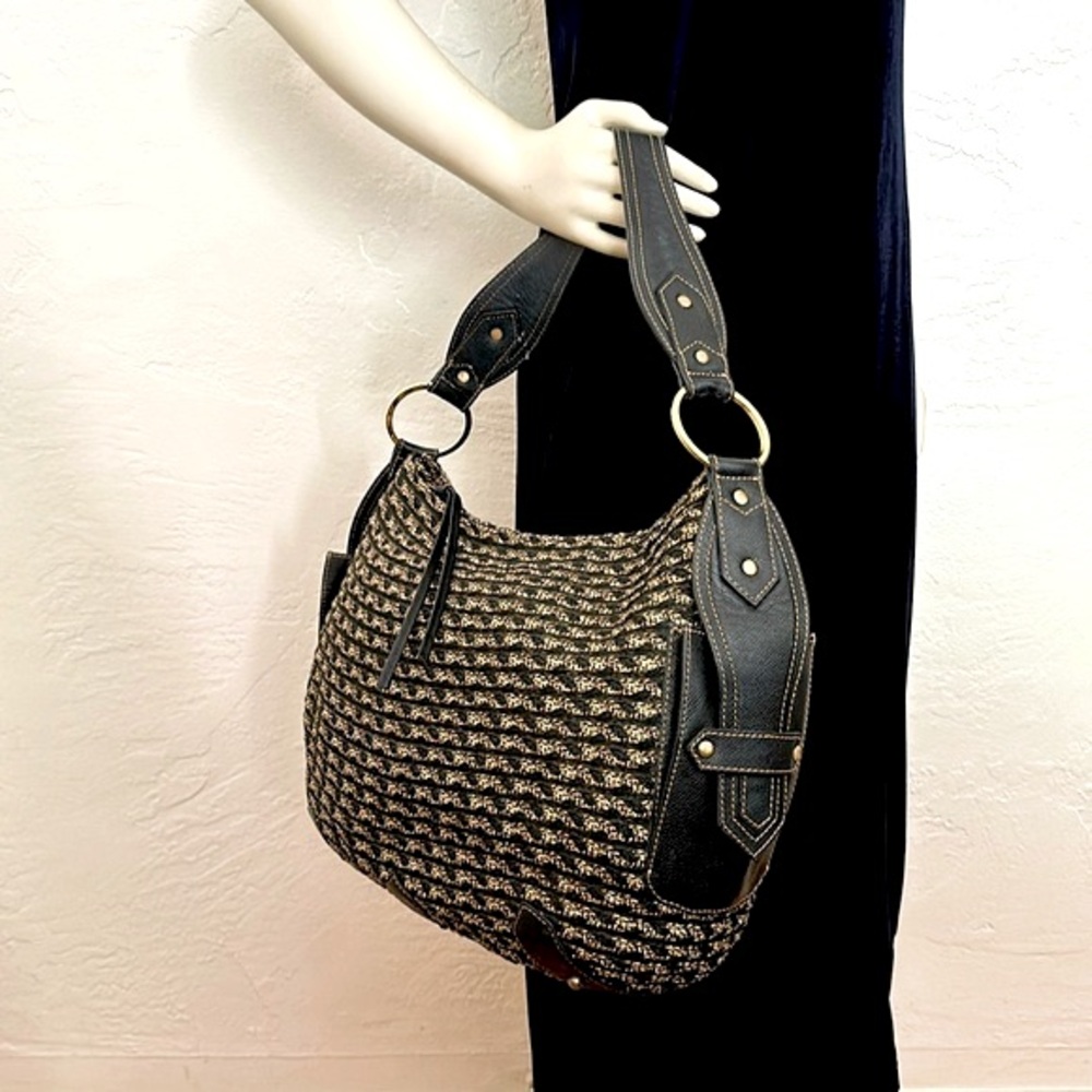 Eric Javits N.Y. large shoulder bag leather and woven fabric with metallic gold